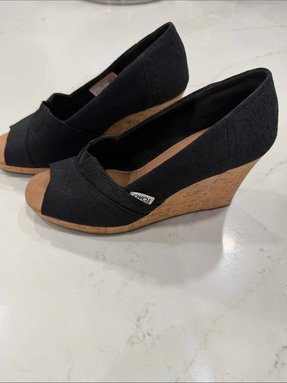 TOMS Black Open-Toe Cork-Look Wedge Heels